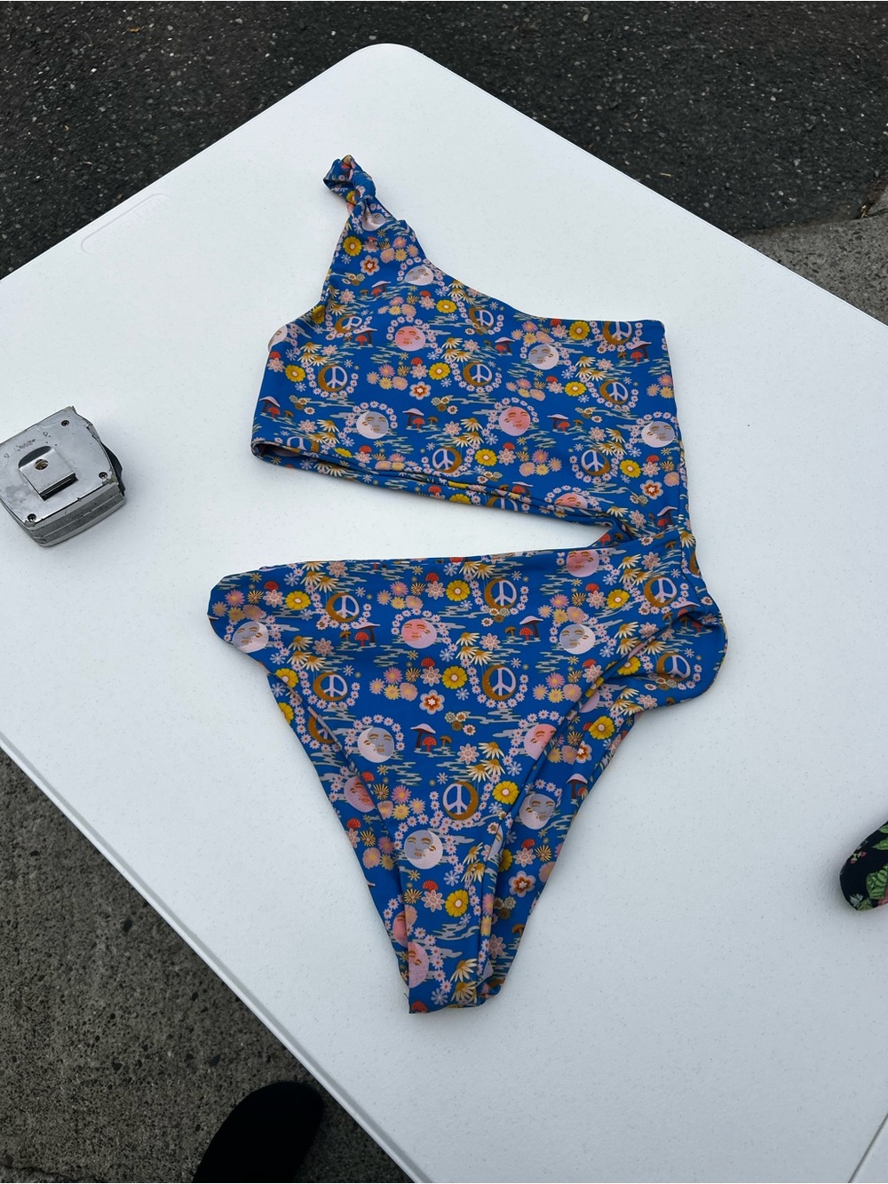 Skatie Blue One-Shoulder Floral Peace Sign Bikini